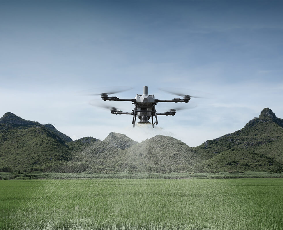 DJI Agras T55 featuring a 55kg spreading payload. Available at SkyAg Solutions in Langley, BC, Canada.